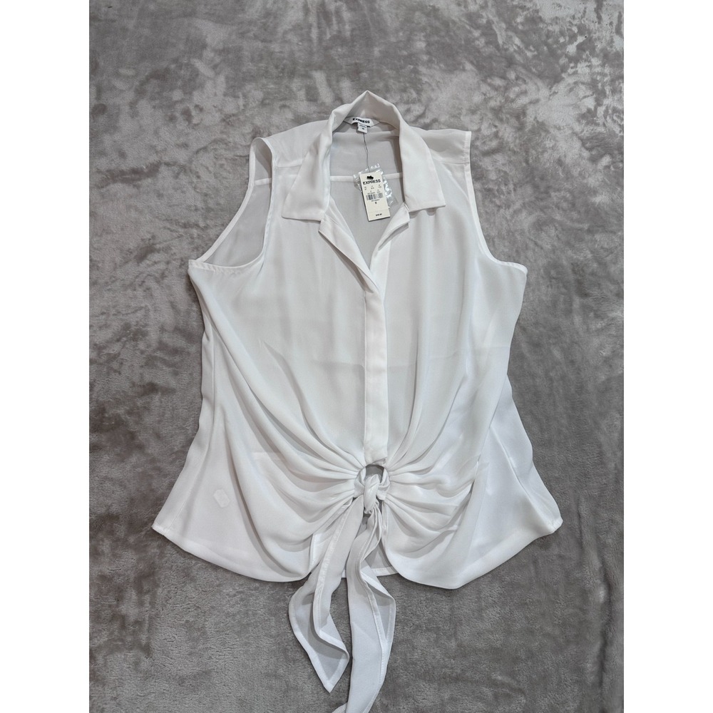 Express NWT Women's Medium White Sleeveless Front Tie Button Up Blouse Top Sheer